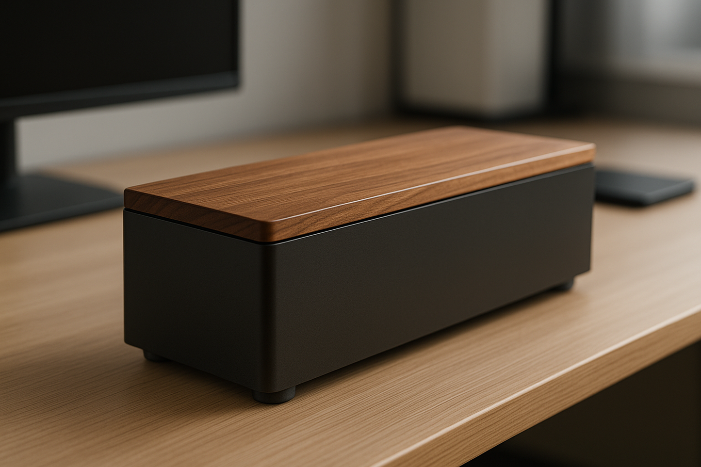 Specs

External dimensions: 40 x 16 x 13 cm (15.7 x 6.3 x 5.1 in)
Materials: ABS body, real wood lid (Walnut or Bamboo), silicone feet
Color: Matte black body; natural wood lids
Placement: Floor or desk; leave one side exit unobstructed for airflow
