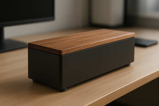 Specs

External dimensions: 40 x 16 x 13 cm (15.7 x 6.3 x 5.1 in)
Materials: ABS body, real wood lid (Walnut or Bamboo), silicone feet
Color: Matte black body; natural wood lids
Placement: Floor or desk; leave one side exit unobstructed for airflow
